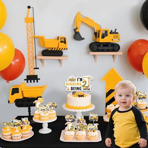 Construction 2nd Birthday Party Decoration Boy, 25pcs I’m Digging Being 2 Cake Cupcake Topper Double-Sided Printing for Boy 2nd 2 Year Old Construction Truck Excavator Birthday Decoration in Saudi Arabia