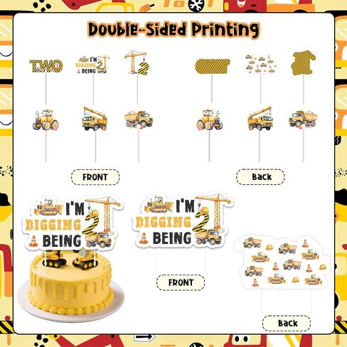 Construction 2nd Birthday Party Decoration Boy, 25pcs I’m Digging Being 2 Cake Cupcake Topper Double-Sided Printing for Boy 2nd 2 Year Old Construction Truck Excavator Birthday Decoration in Saudi Arabia