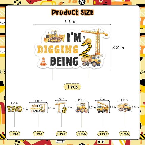 Construction 2nd Birthday Party Decoration Boy, 25pcs I’m Digging Being 2 Cake Cupcake Topper Double-Sided Printing for Boy 2nd 2 Year Old Construction Truck Excavator Birthday Decoration in Saudi Arabia