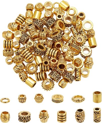 NBEADS 120 Pcs Alloy Hair Bead, 12 Styles Tibetan Gold Spacer Beads Large Hole Dreadlock Bead for Hair Braids, Beard, Bracelet, Necklace, Jewelry Making in Saudi Arabia