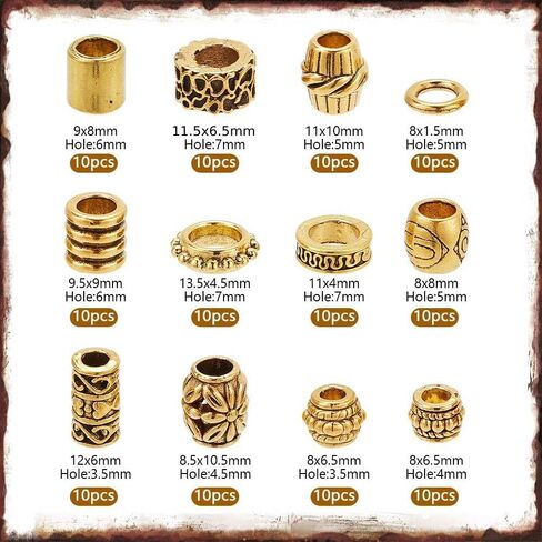 NBEADS 120 Pcs Alloy Hair Bead, 12 Styles Tibetan Gold Spacer Beads Large Hole Dreadlock Bead for Hair Braids, Beard, Bracelet, Necklace, Jewelry Making in Saudi Arabia