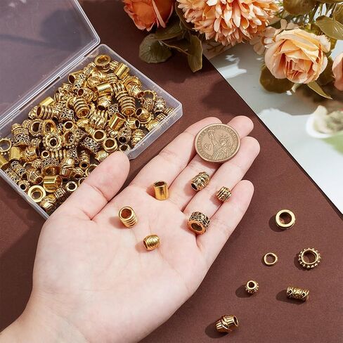 NBEADS 120 Pcs Alloy Hair Bead, 12 Styles Tibetan Gold Spacer Beads Large Hole Dreadlock Bead for Hair Braids, Beard, Bracelet, Necklace, Jewelry Making in Saudi Arabia