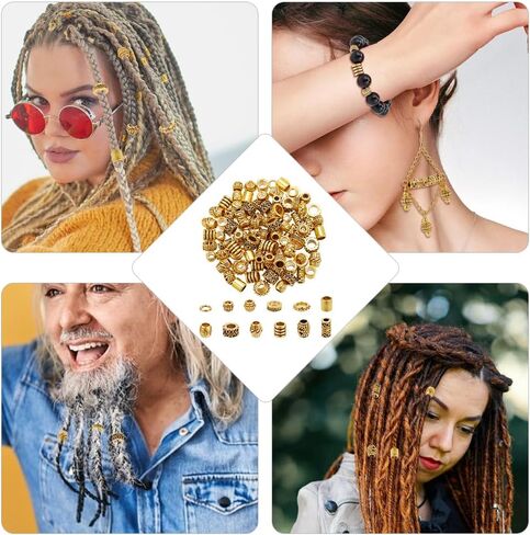 NBEADS 120 Pcs Alloy Hair Bead, 12 Styles Tibetan Gold Spacer Beads Large Hole Dreadlock Bead for Hair Braids, Beard, Bracelet, Necklace, Jewelry Making in Saudi Arabia