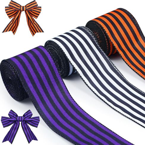 Zeyune 3 Rolls 30 Yard x 2.5 Inch Halloween Wired Ribbons Striped Burlap Ribbon for Gift Wrapping Bow Wreath Making DIY Crafts for Halloween Christmas Tree Decor Party in Saudi Arabia
