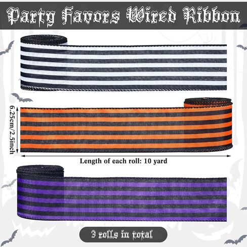 Zeyune 3 Rolls 30 Yard x 2.5 Inch Halloween Wired Ribbons Striped Burlap Ribbon for Gift Wrapping Bow Wreath Making DIY Crafts for Halloween Christmas Tree Decor Party in Saudi Arabia
