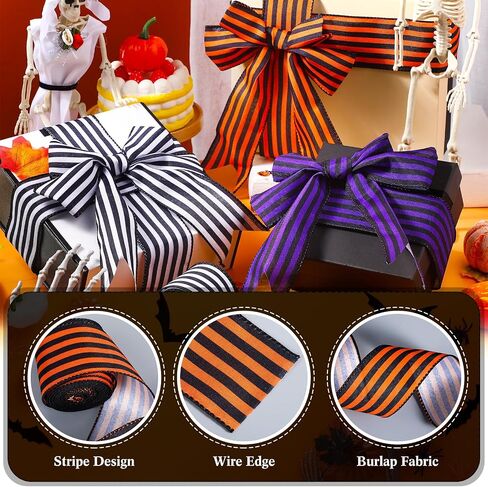 Zeyune 3 Rolls 30 Yard x 2.5 Inch Halloween Wired Ribbons Striped Burlap Ribbon for Gift Wrapping Bow Wreath Making DIY Crafts for Halloween Christmas Tree Decor Party in Saudi Arabia