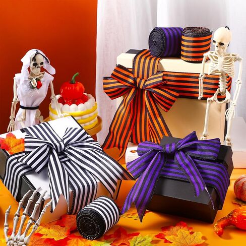 Zeyune 3 Rolls 30 Yard x 2.5 Inch Halloween Wired Ribbons Striped Burlap Ribbon for Gift Wrapping Bow Wreath Making DIY Crafts for Halloween Christmas Tree Decor Party in Saudi Arabia