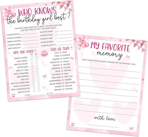 Pink Balloon & Flag Birthday Party Games Cards-Who Knows The Birthday Girl Best & My Favorite Memory Activity Themed- 20PCS 3-in-1 Game Cards- 6"X8" Party Decorations & Supplies for Girls-A03 in Kuwait