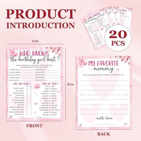 Pink Balloon & Flag Birthday Party Games Cards-Who Knows The Birthday Girl Best & My Favorite Memory Activity Themed- 20PCS 3-in-1 Game Cards- 6"X8" Party Decorations & Supplies for Girls-A03 in Kuwait