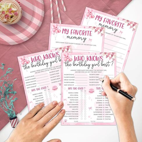 Pink Balloon & Flag Birthday Party Games Cards-Who Knows The Birthday Girl Best & My Favorite Memory Activity Themed- 20PCS 3-in-1 Game Cards- 6"X8" Party Decorations & Supplies for Girls-A03 in Kuwait