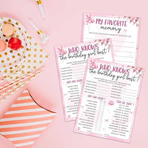 Pink Balloon & Flag Birthday Party Games Cards-Who Knows The Birthday Girl Best & My Favorite Memory Activity Themed- 20PCS 3-in-1 Game Cards- 6"X8" Party Decorations & Supplies for Girls-A03 in Kuwait
