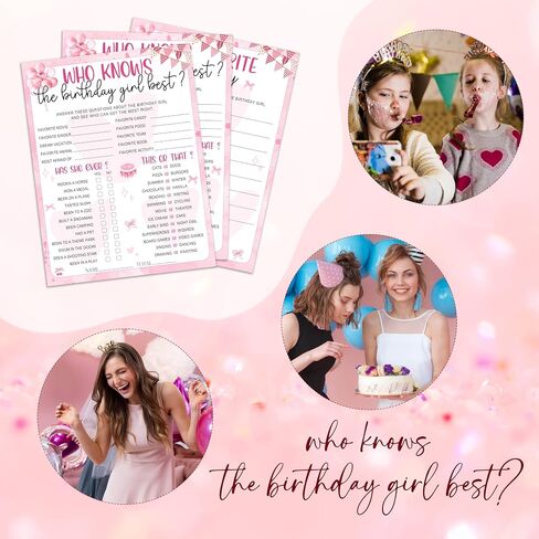 Pink Balloon & Flag Birthday Party Games Cards-Who Knows The Birthday Girl Best & My Favorite Memory Activity Themed- 20PCS 3-in-1 Game Cards- 6"X8" Party Decorations & Supplies for Girls-A03 in Kuwait