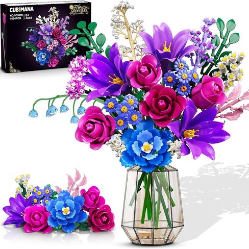 Flowers Bouquet Building Set with LED Light, 21 Flower Botanical Collection Building Block Toy, Rose Lily Plants Home Office Decor 1054PCS, for Her Adults Women Kids Girls 12+ (Purple) in Saudi Arabia