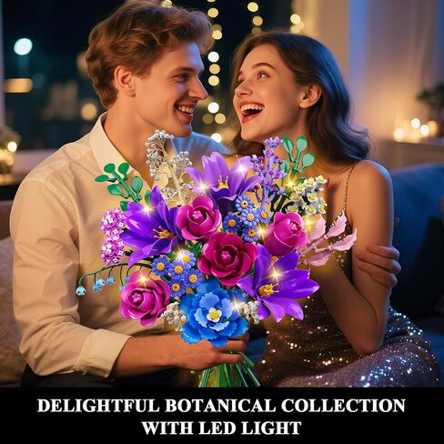 Flowers Bouquet Building Set with LED Light, 21 Flower Botanical Collection Building Block Toy, Rose Lily Plants Home Office Decor 1054PCS, for Her Adults Women Kids Girls 12+ (Purple) in Saudi Arabia