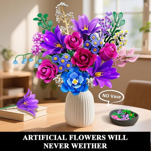 Flowers Bouquet Building Set with LED Light, 21 Flower Botanical Collection Building Block Toy, Rose Lily Plants Home Office Decor 1054PCS, for Her Adults Women Kids Girls 12+ (Purple) in Saudi Arabia