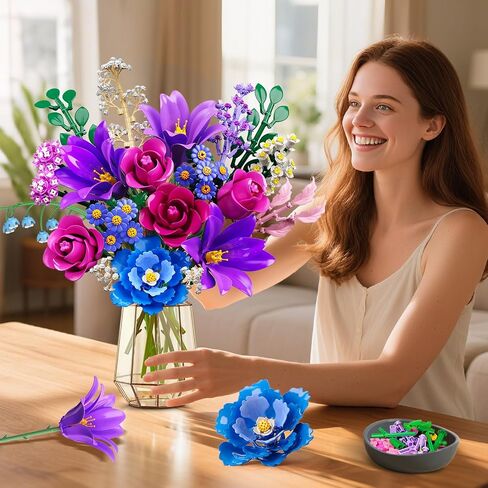 Flowers Bouquet Building Set with LED Light, 21 Flower Botanical Collection Building Block Toy, Rose Lily Plants Home Office Decor 1054PCS, for Her Adults Women Kids Girls 12+ (Purple) in Saudi Arabia