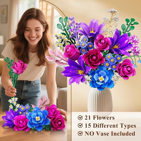 Flowers Bouquet Building Set with LED Light, 21 Flower Botanical Collection Building Block Toy, Rose Lily Plants Home Office Decor 1054PCS, for Her Adults Women Kids Girls 12+ (Purple) in Saudi Arabia