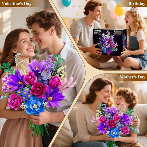 Flowers Bouquet Building Set with LED Light, 21 Flower Botanical Collection Building Block Toy, Rose Lily Plants Home Office Decor 1054PCS, for Her Adults Women Kids Girls 12+ (Purple) in Saudi Arabia