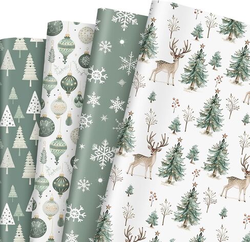 Whaline 8 Sheets Christmas Rapping Paper - Not Roll - Sage Green Tree Tree Ball Snowflow Deer Wrap Paper Plate Plate Fort For Diy Winter Window Holiday ، 19.7 × 27.6 Inch in Saudi Arabia