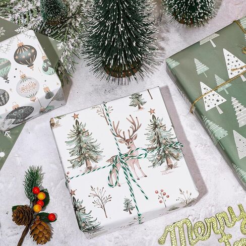 Whaline 8 Sheets Christmas Rapping Paper - Not Roll - Sage Green Tree Tree Ball Snowflow Deer Wrap Paper Plate Plate Fort For Diy Winter Window Holiday ، 19.7 × 27.6 Inch in Saudi Arabia