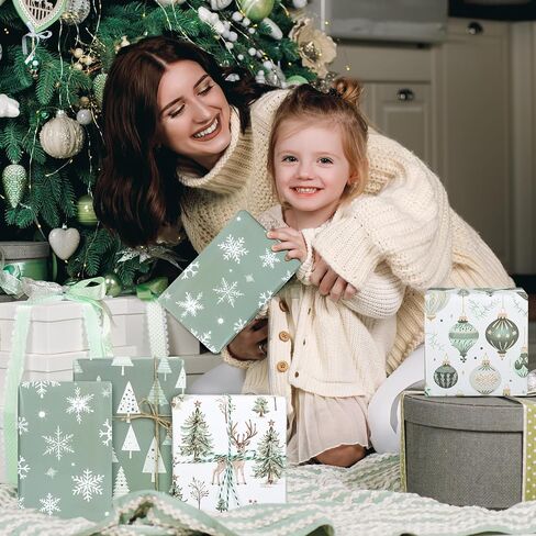 Whaline 8 Sheets Christmas Rapping Paper - Not Roll - Sage Green Tree Tree Ball Snowflow Deer Wrap Paper Plate Plate Fort For Diy Winter Window Holiday ، 19.7 × 27.6 Inch in Saudi Arabia