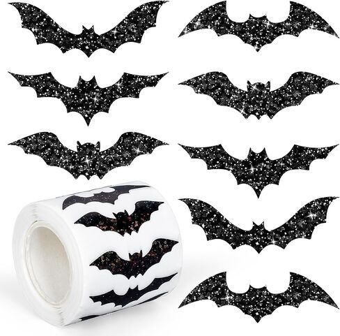 Whaline Halloween Bats Stickers Roll Laser Black Bats Shape Waterproof Decals 5 Designs Sparkly Self-Adhesive Stickers for Halloween Party Envelope Scrapbook Decor, 500Pcs in Saudi Arabia