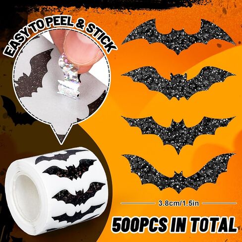 Whaline Halloween Bats Stickers Roll Laser Black Bats Shape Waterproof Decals 5 Designs Sparkly Self-Adhesive Stickers for Halloween Party Envelope Scrapbook Decor, 500Pcs in Saudi Arabia