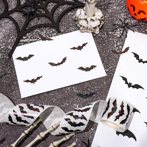 Whaline Halloween Bats Stickers Roll Laser Black Bats Shape Waterproof Decals 5 Designs Sparkly Self-Adhesive Stickers for Halloween Party Envelope Scrapbook Decor, 500Pcs in Saudi Arabia