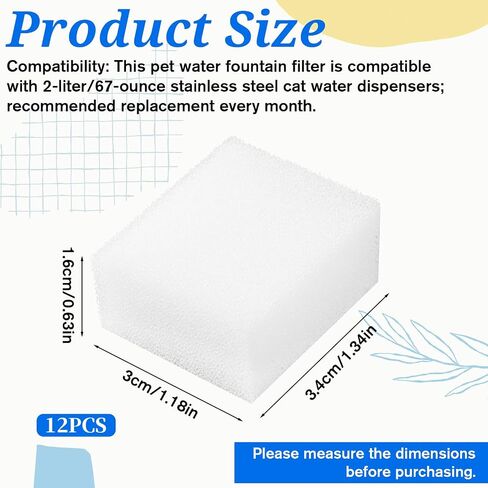 12 Pack Cat Fountain Filters Sponge Replacement Pet Fountain Pre-Filter Square Foam Sponges for 84oz/2.5L Cat Water Fountains, White in Saudi Arabia