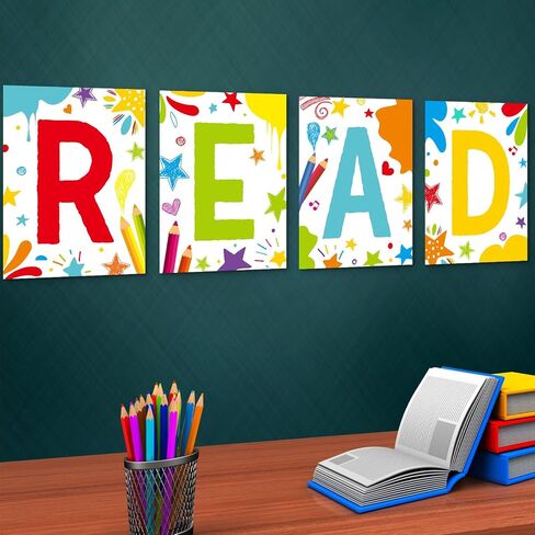 Qilery 4 PCS Reading Classroom Decorations Banner and Poster Set Classroom Reading Banner Banner Wall Poster for School Library Preschool Elementary Decor (Lively) in Saudi Arabia
