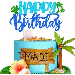 Glitter Blue Happy Birthday Cake Topper for Kids & Celebrations - Easy DIY Party Decoration, Summer Beach Theme Party Cardstock Birthday Cake Decoration Supplies in Saudi Arabia