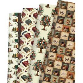Pineraap 12 Sheets Book Lovers Wrapping Paper, Vintage Books Gift Wrap Paper with Keep Reading & Quill Designs, Folded Flat Art Paper for Birthdays, Libraries, Teachers, 19.7 x 27.6 Inch in Saudi Arabia