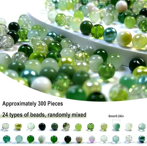 300pcs 6mm Glass Beads, 24 Colors Assorted Glass Beads for Jewelry Making, Green Series Round Spacer Bead Kit for Bracelet Necklace DIY Craft in Kuwait