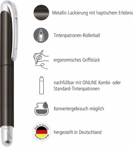 Ergonomic Rollerball Pen Metallic Black │ School and High School │ Soft Grip for Left-Handed and Right-Handed │ Standard Ink Cartridges Refillable, Blue Colour │ Student Pens in Kuwait