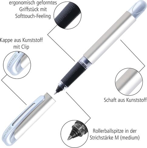 Ergonomic Rollerball Pen Metallic Black │ School and High School │ Soft Grip for Left-Handed and Right-Handed │ Standard Ink Cartridges Refillable, Blue Colour │ Student Pens in Kuwait