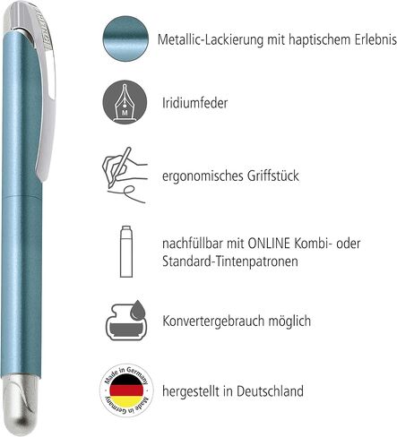 Ergonomic Rollerball Pen Metallic Black │ School and High School │ Soft Grip for Left-Handed and Right-Handed │ Standard Ink Cartridges Refillable, Blue Colour │ Student Pens in Kuwait