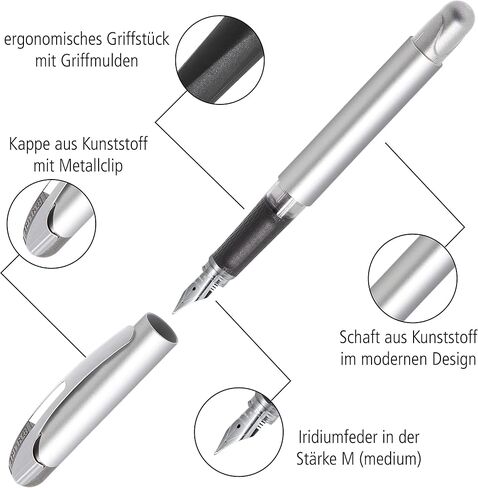 Ergonomic Rollerball Pen Metallic Black │ School and High School │ Soft Grip for Left-Handed and Right-Handed │ Standard Ink Cartridges Refillable, Blue Colour │ Student Pens in Kuwait