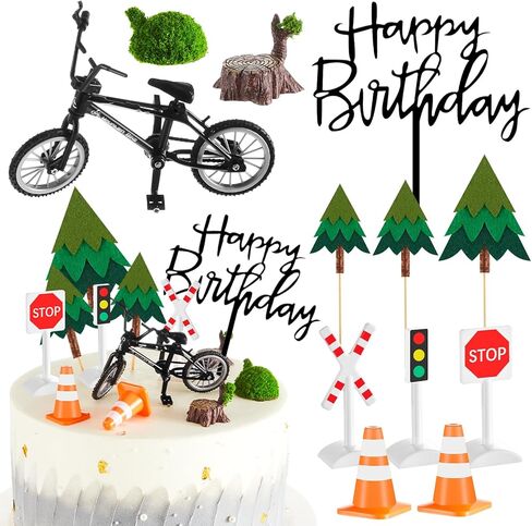 14 Pcs Bicycle Cake Toppers Bike Cake Decorations Set with 1 Bike 3 Felt Tree 7 Mini Traffic Signs Ornaments 2 Tree Stumps Miniature Figurine 1 Birthday Themed Insert Card for Bicycle Party in Saudi Arabia