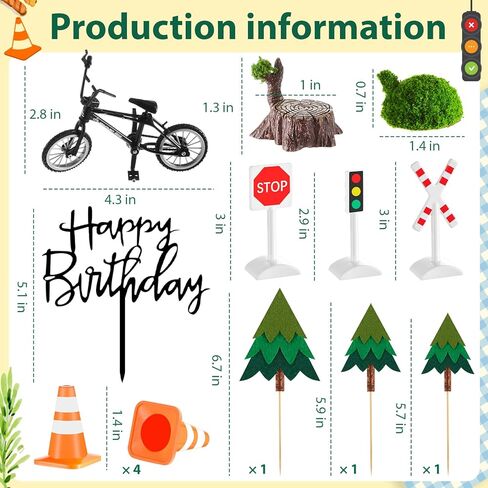 14 Pcs Bicycle Cake Toppers Bike Cake Decorations Set with 1 Bike 3 Felt Tree 7 Mini Traffic Signs Ornaments 2 Tree Stumps Miniature Figurine 1 Birthday Themed Insert Card for Bicycle Party in Saudi Arabia