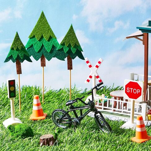 14 Pcs Bicycle Cake Toppers Bike Cake Decorations Set with 1 Bike 3 Felt Tree 7 Mini Traffic Signs Ornaments 2 Tree Stumps Miniature Figurine 1 Birthday Themed Insert Card for Bicycle Party in Saudi Arabia