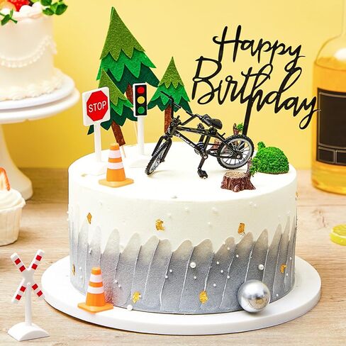 14 Pcs Bicycle Cake Toppers Bike Cake Decorations Set with 1 Bike 3 Felt Tree 7 Mini Traffic Signs Ornaments 2 Tree Stumps Miniature Figurine 1 Birthday Themed Insert Card for Bicycle Party in Saudi Arabia