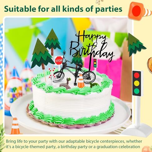 14 Pcs Bicycle Cake Toppers Bike Cake Decorations Set with 1 Bike 3 Felt Tree 7 Mini Traffic Signs Ornaments 2 Tree Stumps Miniature Figurine 1 Birthday Themed Insert Card for Bicycle Party in Saudi Arabia