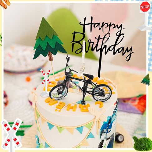 14 Pcs Bicycle Cake Toppers Bike Cake Decorations Set with 1 Bike 3 Felt Tree 7 Mini Traffic Signs Ornaments 2 Tree Stumps Miniature Figurine 1 Birthday Themed Insert Card for Bicycle Party in Saudi Arabia