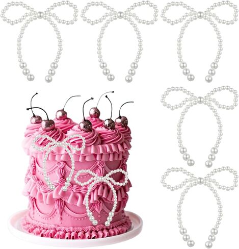 5 PCS Pearl Bow Cake Topper White Imitation Pearl Bow Cupcake Decorations Ice Cream Toppings Cookie Decorating Cake Decoration Chirstmas for Birthday Wedding Bachelorette Party in Kuwait