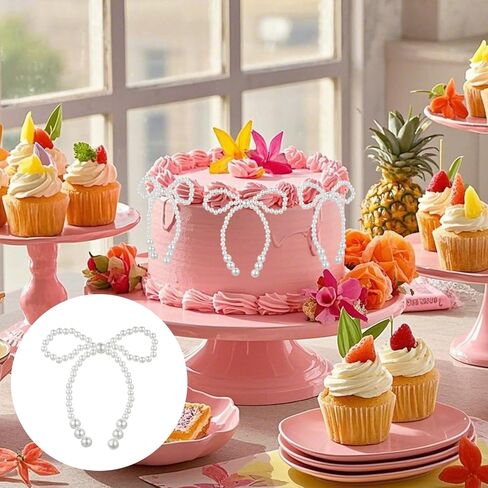 5 PCS Pearl Bow Cake Topper White Imitation Pearl Bow Cupcake Decorations Ice Cream Toppings Cookie Decorating Cake Decoration Chirstmas for Birthday Wedding Bachelorette Party in Kuwait