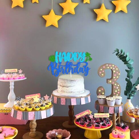 Glitter Blue Happy Birthday Cake Topper for Kids & Celebrations - Easy DIY Party Decoration, Summer Beach Theme Party Cardstock Birthday Cake Decoration Supplies in Saudi Arabia