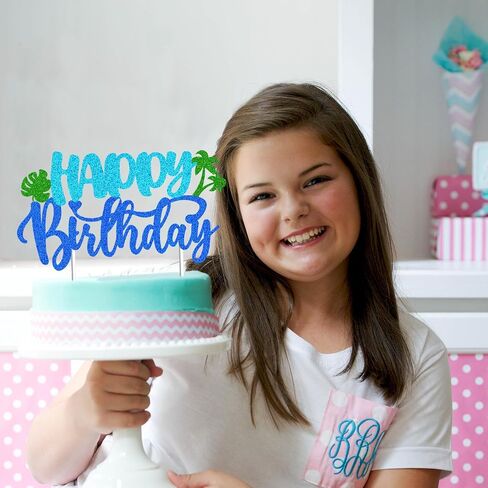 Glitter Blue Happy Birthday Cake Topper for Kids & Celebrations - Easy DIY Party Decoration, Summer Beach Theme Party Cardstock Birthday Cake Decoration Supplies in Saudi Arabia