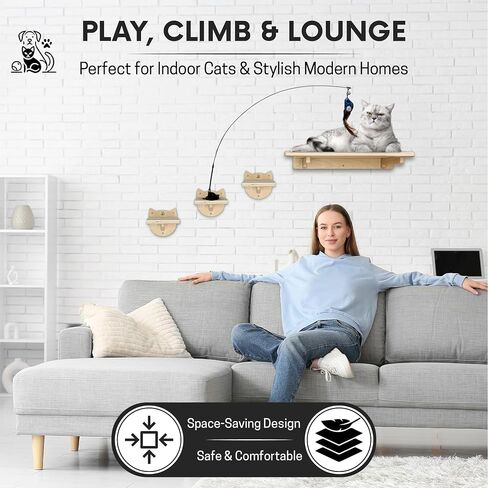 Snuggle & Play أنظمة الجدران تسلق القطط - مجموعة أثاث حديث مع 3 خطوات وجثم ، متسلق الجدار العمودي للقطط الداخلية ، تشمل لعبة العصا in Saudi Arabia
