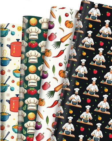 Pineraap 12 Sheets Chef Cooking Wrapping Paper, Vegetable Cooking Theme Gift Wrap Paper for Baker, Tomato, Chef Design Folded Flat Art Paper for Birthday, Kitchen Gifts, DIY Crafts, 19.7 x 27.6 Inch in Saudi Arabia