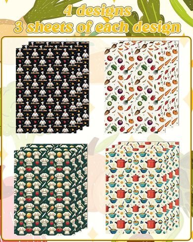 Pineraap 12 Sheets Chef Cooking Wrapping Paper, Vegetable Cooking Theme Gift Wrap Paper for Baker, Tomato, Chef Design Folded Flat Art Paper for Birthday, Kitchen Gifts, DIY Crafts, 19.7 x 27.6 Inch in Saudi Arabia